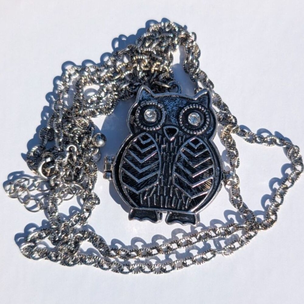 Vintage Silver Tone Hinged Owl Locket Necklace Long Statement Cable Chain